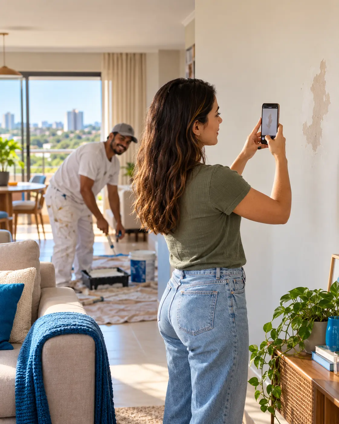 Cliente fotografando um reparo na parede de casa